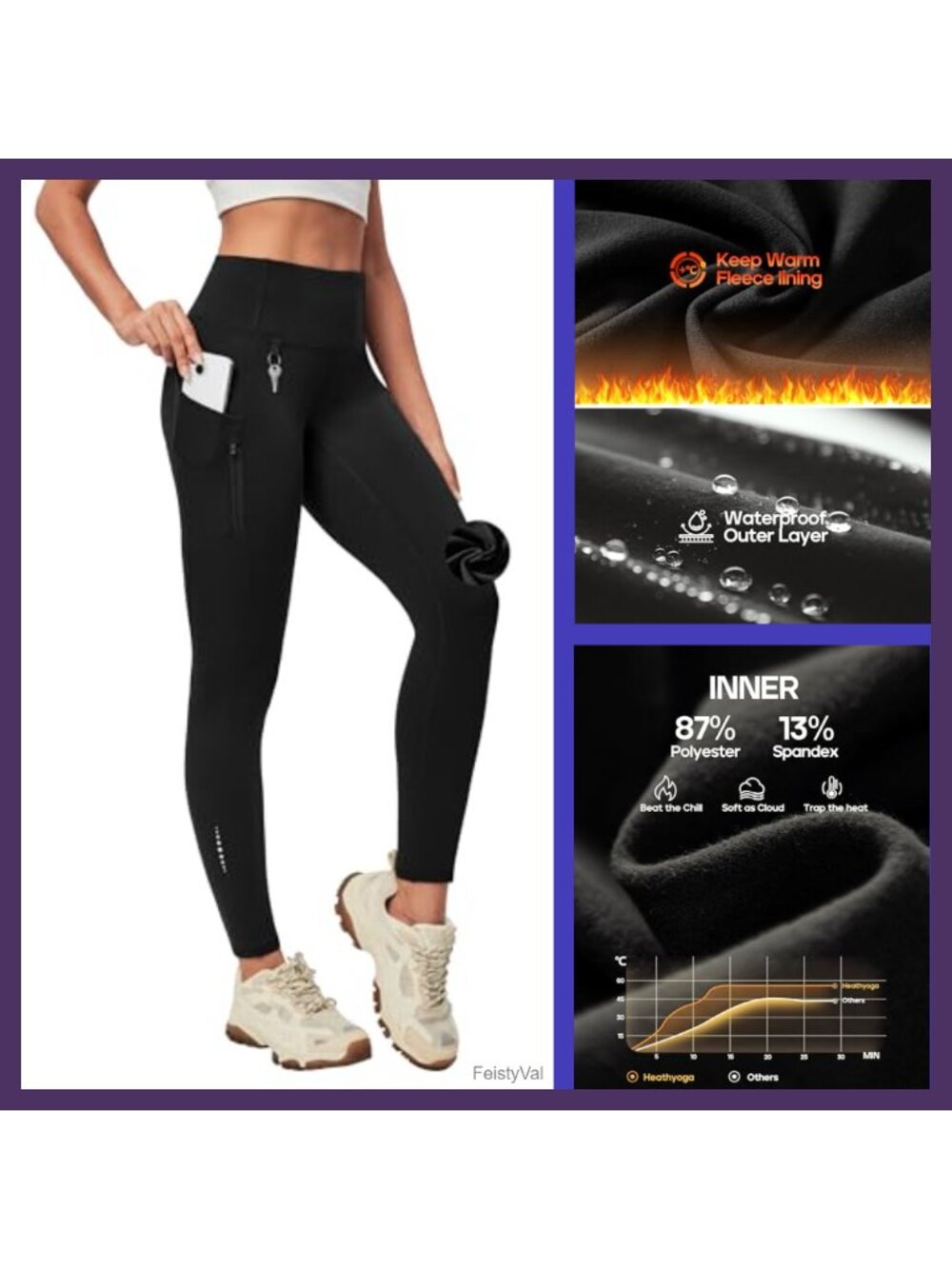 Fleece Lined Leggings Water Resistant Thermal Winter Pants Pockets